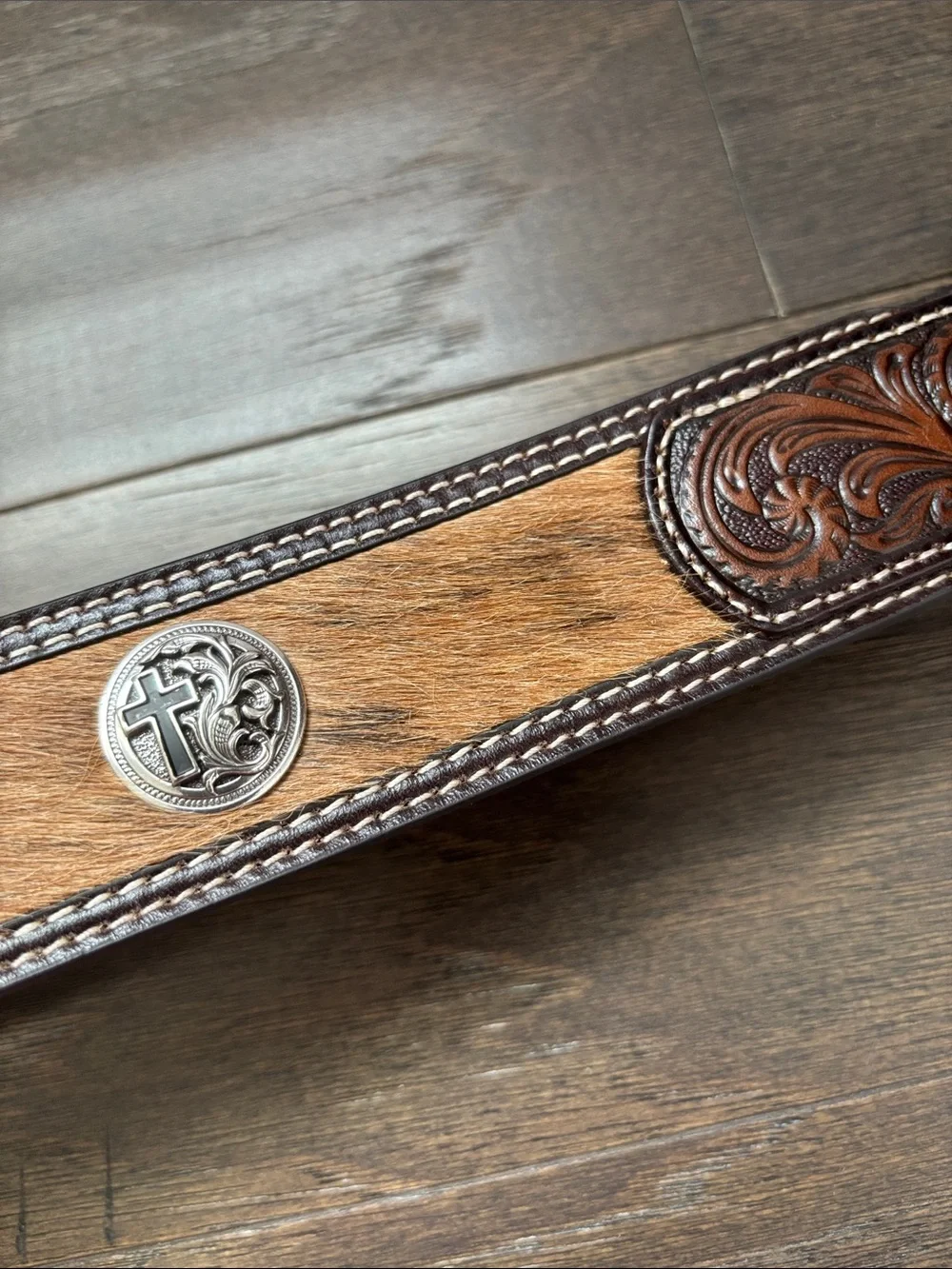 3D Belt Co.Genuine Leather,tooled,calf hair,cross concho,removable silver buckle